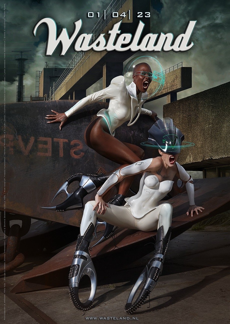Wasteland party poster models are wearing rubber latex bodies leggings with high shoulders Photograpy Frits Kok